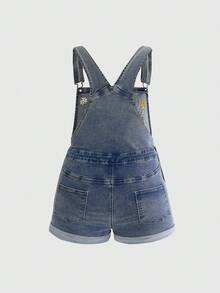 ROMWE Fairycore Plus Size Women Casual Versatile Forest Style Deer & Mushroom Embroidered Denim Romper - Blue - View 2