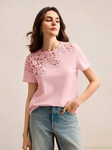 Anewsta Pink T-Shirt With Lace Embroidery Patchwork Hollow-Out Design, Unique Aesthetic Short Sleeve Top, Suitable For Valentine's Day, Summer Beach, New Year - Pink - View 5