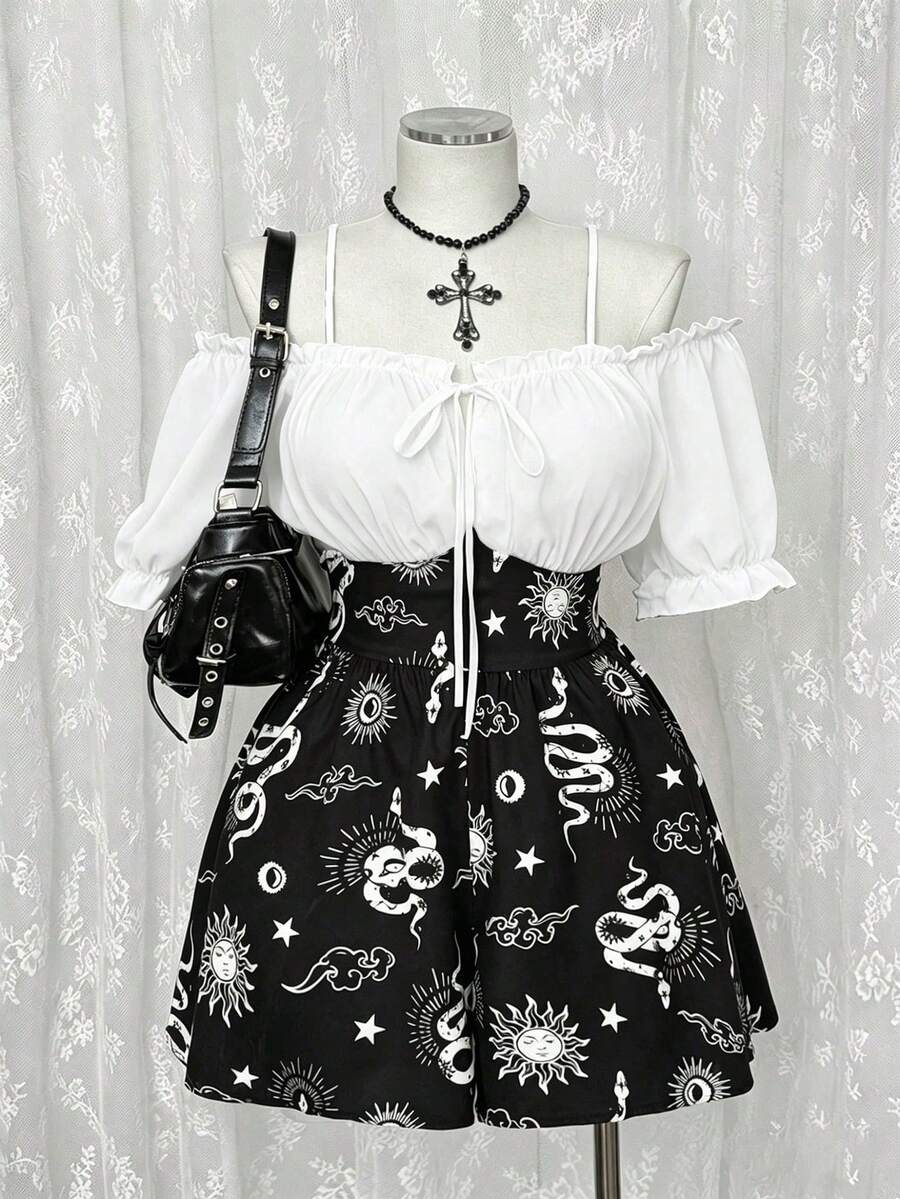 Sunspun 大码女式蛇纹深色露肩撞色连体裤 - 彩色 - 查看 1