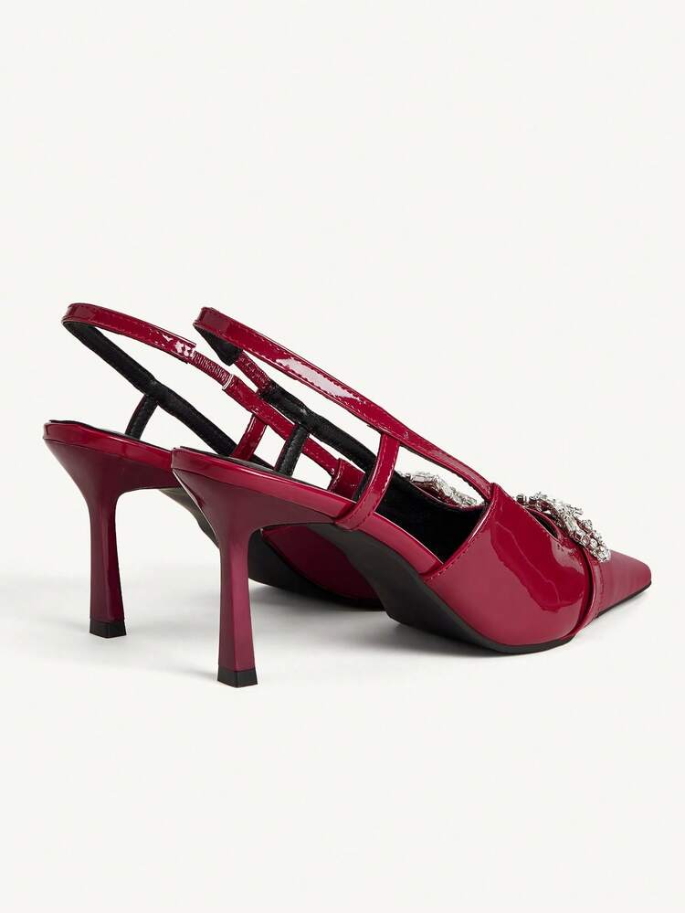 CUCCOO CHICEST Spring And Summer New Design Wine Glass Heel High Heel Bow Diamond Buckle Romantic Elegance Temperament Simple Sexy Women Red Patent Leather Material Slingback Ankle Strap High Heel Shoes Slingbacks Dress Shoes Dating Afternoon Tea Party Valentine's Day Elegant Wear