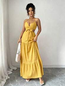 Rafferiza Đầm dài thanh lịch thắt nơ rỗng dành cho nữ - Màu vàng - Xem 5