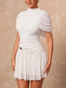 Lumalex Vestido corto elegante y sexy de mujer con cuello, sin mangas, fruncido y acampanado, en color albaricoque, para primavera/otoño - Blanco - Ver 4