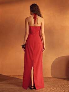 MOTF PREMIUM WOMEN'S RAYON LINEN BLEND HALTER DRESS, SUITABLE FOR SPRING/SUMMER VACATION - Red - View 3