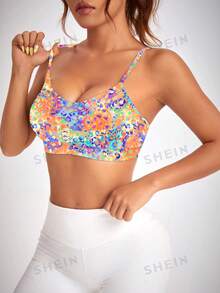 SHEIN Sovereign Charm 女士彩色印花交叉肩带运动文胸 - 彩色 - 查看 4
