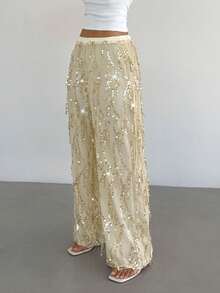 Siren Gaze Quần ống rộng cạp cao đính sequin mùa hè sành điệu dành cho nữ, quần dự tiệc cưới thanh lịch với họa tiết tua rua lấp lánh, quần dài suông sang trọng cho buổi tối đi chơi câu lạc bộ, quần ống rộng lấp lánh thời trang đi biển. - Màu be - Xem 6