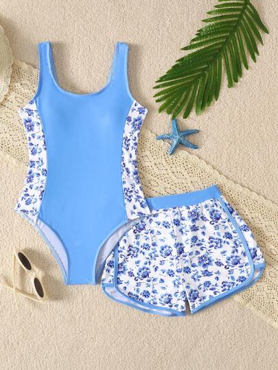 SHEIN 2pcs/Set Tween Girls' Ditsy Floral Patchwork Swimsuit + Shorts, Fashionable Casual Elegant Style, Suitable For Swimming, Summer Vacation, Beach, Pool, Holiday Party, Etc.