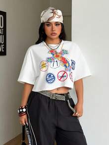 Coolane 女士加大码春夏街头风日常穿搭复古Y2K外出嘻哈休闲加大码露脐嘴唇图案T恤 - 白色 - 查看 6