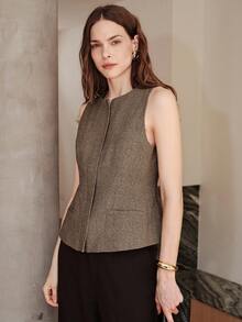Nueva blusa elegante y chic de diseño de tela de espiga con cremallera, cuello redondo y sin mangas para mujer - Albaricoque - Ver 7