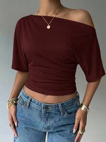 Aloruh Asymmetric Shoulder Loose Top With Cinched Waist, Minimalist Basic T-Shirt,Summer Top - Burgundy - View 8