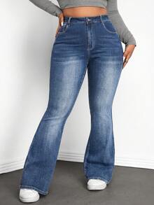 SHEIN ICON Jeans acampanados de talla grande con lavado casual y ajuste slim - Neblina azul - Ver 1