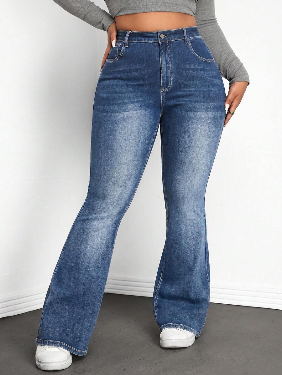 SHEIN ICON Jeans acampanados de talla grande con lavado casual y ajuste slim - Neblina azul - Ver 1