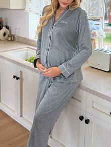 Moonlight&Mama Contrast Color V-Neck Cardigan, Letter Embroidery Long Sleeve & Pants Maternity Lounge Set - Light Grey - View 3