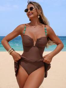 Swim Lushoire 1pc Women Beach Dress,Coffee Brown,Summer,Casual,Holiday,Vacation,Holiday, Retro V-Neck Design With Gemstone Decor,Waist Cinching,Elegant - Brown - View 4