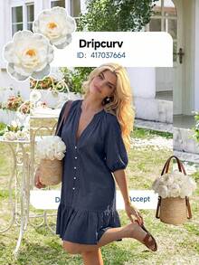 Dripcurv 加大码夏季杏色灯笼袖V领藏蓝色连衣裙，女士夏季连衣裙，度假装，沙滩装，乡村风连衣裙，杏色连衣裙，女士假日装 - 藏蓝色 - 查看 6