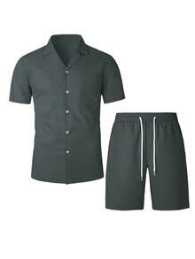 Manfinity Homme Men's Solid Color Short Sleeve Shirt And Shorts Set - Dark Grey - View 3