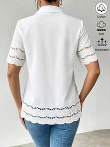 Elenzga Women's Collared Short Sleeve Fitted Waist Elegant White Summer Blouse,Minimalist Office Shirt For Commute, Date,Beach Outfit,Casual Tops - White - View 2