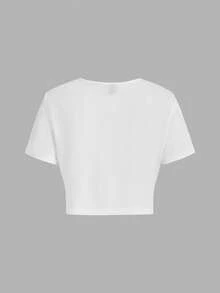 SHEIN Essnce Áo thun nữ cỡ lớn cổ tròn thiết kế xoắn, gợi cảm, thoải mái, màu đen trắng, nhiều chiếc. - trắng - Xem 4