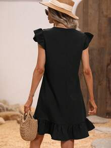 Balvessa V Neckline Ruffle Trim Smock Dress - Black - View 2