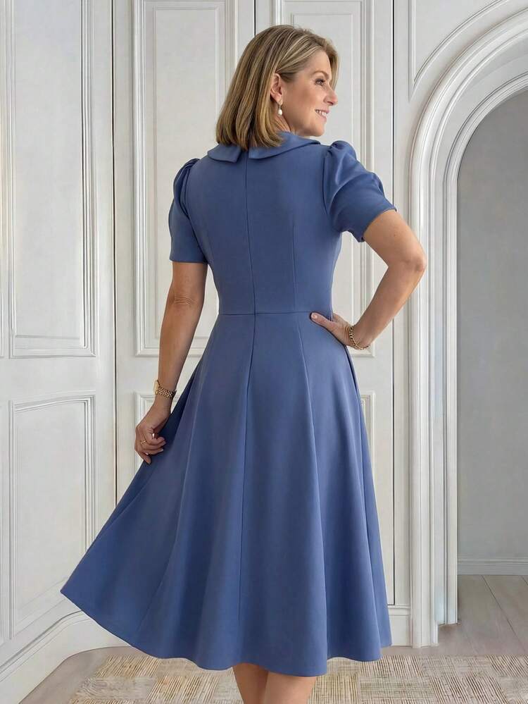 Middle-Aged & Elderly Women's Solid Color Pleated Fashionable Party & Travel Dress,Summer Dress,Festival Outfits For Women,Going Out Dress,Elegant Dresses For Women,Work Dresses For Women ,Blue Dress