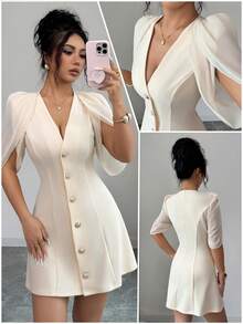 Elenzga Vestido elegante y romántico para mujer con cuello en V y línea A, hecho de tela de patchwork - Albaricoque - Ver 3