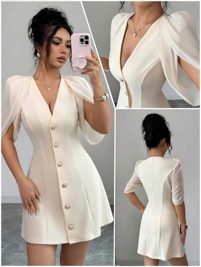 Elenzga Fabric Patchwork V-Neck A-Line Elegant Romantic Women Dress