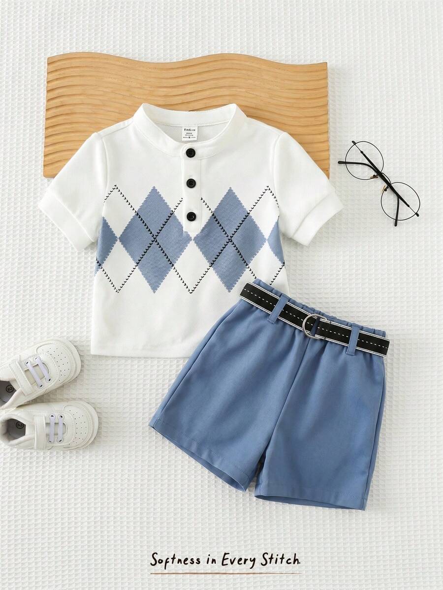 Cozy Pixies 2pcs Baby Boy Knit Soft Collar Short Sleeve Half-Zip Sweater And Elastic Waist Shorts Set - Blue and White - View 1