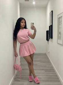 Slaydiva Women Two Pieces Set Light Pink Summer Casual School Back-To-School Y2k Clothes Loose-Fitting Round Neck Short-Sleeved T-Shirt+Pleated Skirt&Leggings - Pink - View 6