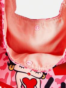 Betty Boop x SHEIN 1個大容量印花圖案肩背包，適合露營、海灘、旅行、購物、上學、工作及其他場合 - 豹紋粉 - 查看 5