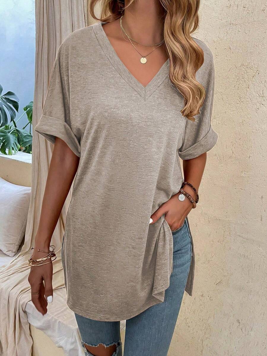 EMERY ROSE Plus Size Women Solid Color Batwing Sleeve Knit T-Shirt Holiday Pastel Summer Smart Casual - Apricot - View 1