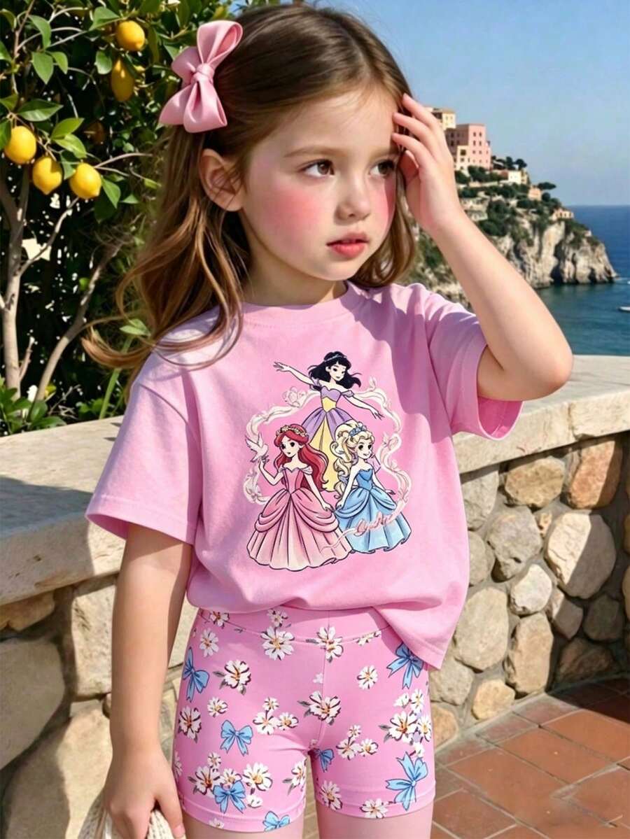 少女夏季休闲度假甜美可爱卡通公主印花宽松T恤短裤套装 - 彩色 - 查看 1