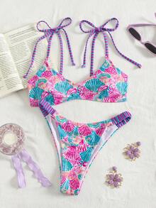 Swim Mod Bộ bikini nữ mùa xuân hè, họa tiết vỏ sò và đại dương, kẻ sọc, quần cạp cao buộc dây, dễ thương và gợi cảm, thích hợp cho lễ hội âm nhạc bãi biển. - Nhiều màu - Xem 5