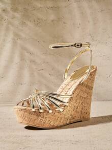 SHUZIA New Gorgeous Ladie's Gold Metallic Faux Leather Pu Cork Wrapped Strappy Platform Wedge Sexy Cute Comfort Day Party Spring Summer Holiday Dance Club Wedding Shoe - Gold - View 4