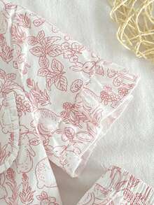 Young Girl' White Pink Line Rabbit Floral Pattern Ruffle Collar Short Sleeve Pants Casual Cute Comfortable 2 Pieces Pajama Set Sleep Summer - Red - View 5