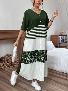 Breezaya Rochie de vară casual cu imprimeu floral și guler în V pentru femei, mărime plus, cu imprimeu floral - Verde Armată - Vizualizare 5