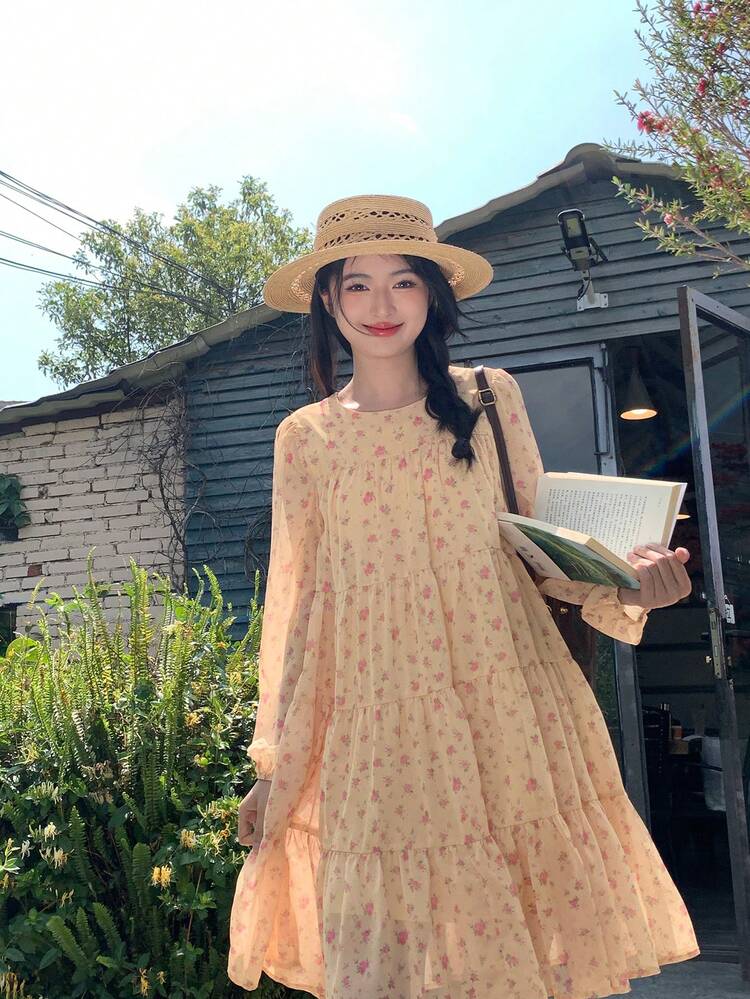 Women's Floral Print Long Sleeve Chiffon Casual Mini Dress, Korean Style, Spring/Summer