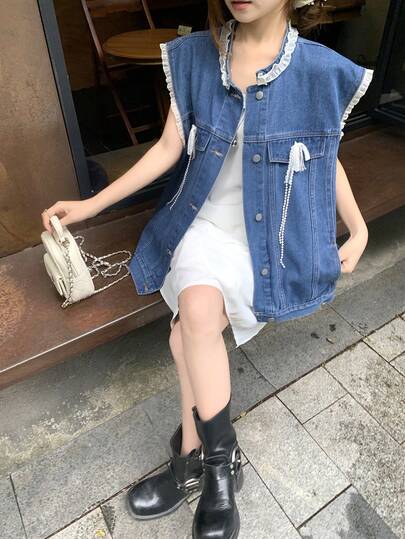 DAZY Women's Loose Casual Patchwork Contrast Color Denim Top, Youthful Style