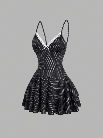 Sweetra Vestido mini elegante y urbano, versátil, con diseño retro de lunares, sin mangas, con pliegues en la cintura, con capas, ideal para después del trabajo y el trayecto, minimalista, con estilo y sexy, para el verano
