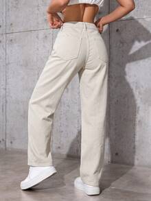 SHEIN ICON 女士口袋做旧直筒宽松休闲百搭牛仔裤 - 米色 - 查看 3