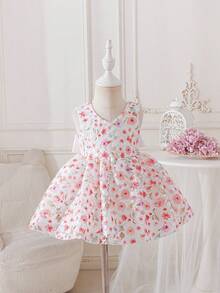 SHEIN Glamorique Kids 女婴碎花连衣裙，婴儿刺绣缎面蝴蝶结连衣裙，V领无袖露背公主裙，适合复活节派对 - 粉色 - 查看 3