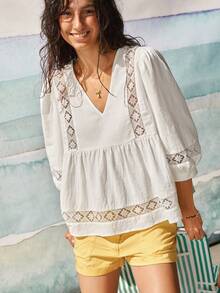 SoleilVie Áo kiểu dáng rộng rãi, màu mơ, chất liệu cotton pha, viền ren phong cách Bohemian, cổ chữ V, tay phồng, thích hợp cho mùa hè. Phù hợp cho nữ. - trắng - Xem 5
