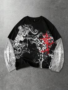 ROMWE MEN Goth Camiseta de manga larga con estampado de cruz vintage gótica para hombres 2 en 1 - Negro - Ver 7