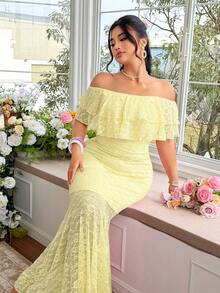 FleurLily Vestido maxi ajustado elegante con hombros descubiertos, volantes en el bajo y encaje para uso diario en talla grande - Amarillo - Ver 7