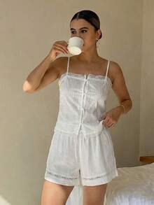 DAZY 2pcs Lace Patchwork Camisole & Loose Straight Shorts Pajama Set, Women Summer Sleepwear - White - View 8