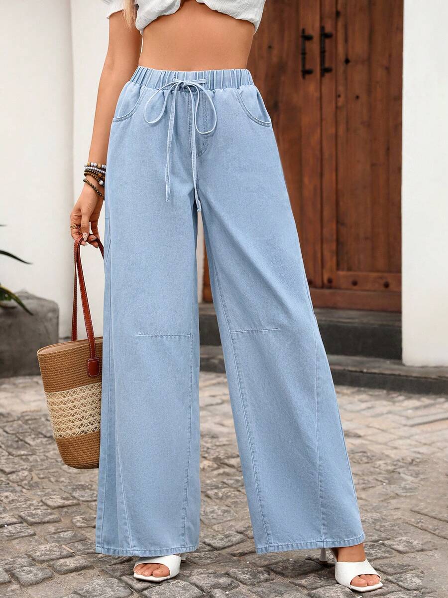 Breezaya Quần jeans ống rộng thoải mái dành cho nữ, thích hợp cho kỳ nghỉ. - Màu xanh lam - Xem 1
