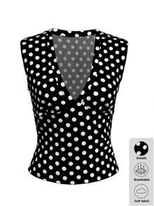 Rina Fox Camiseta ajustada de mujer con escote en V profundo y estampado de lunares, para verano - Multicolor - Ver 4