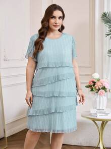 Reflora Plus Size Women Solid Color Round Neck Casual Party & Outing Dress - Blue - View 5
