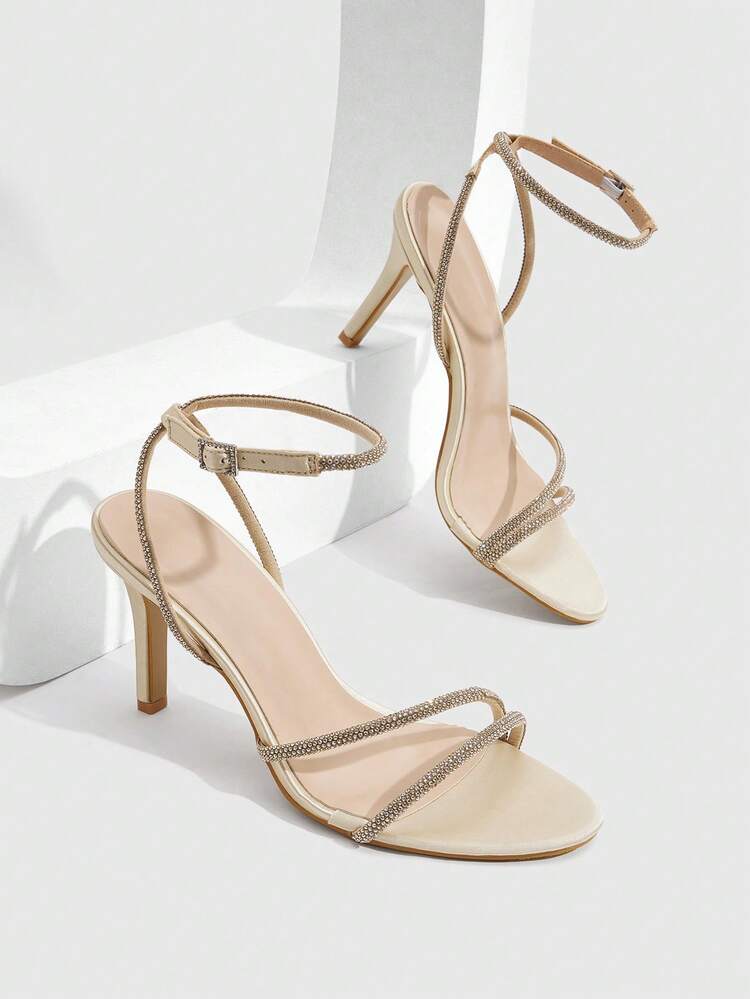 CUCCOO SZL Women Shoes Spring Summer Rhinestone Strap Splicing T Open-Toed Stiletto, Dinner Party Glossy, Champagne Gold Women's High Heel Sandals Banquet Party Dating Commuting Shopping Wedding Festival Gifts