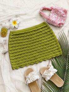 Soleia Women's Solid Color Hollow Out Cover-Up & Skirt Set For Vacation - Green - View 5