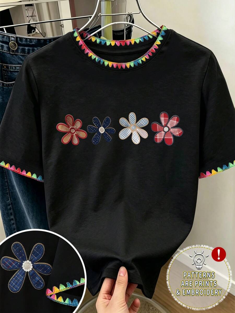 Teen Girls Black Summer Casual School Cute Multicolor Shell Embroidered Floral Graphic Loose Round Neck Short Sleeve T-Shirt,Colorful Shell Trim - Black - View 1