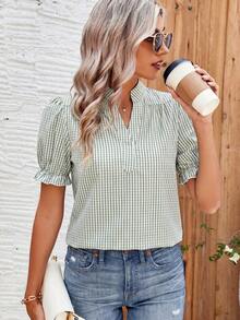 Breezaya Áo sơ mi ngắn tay cổ chữ V tay cánh hoa kẻ sọc phong cách thường ngày đi nghỉ mát thành phố - Màu xanh Bạc hà - Xem 6